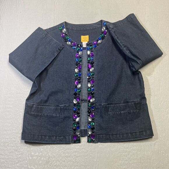 Ruby Rd. Blue Denim Jeans Jacket Size 10 Women's Cotton Long Sleeve Rhinestones - Picture 1 of 16
